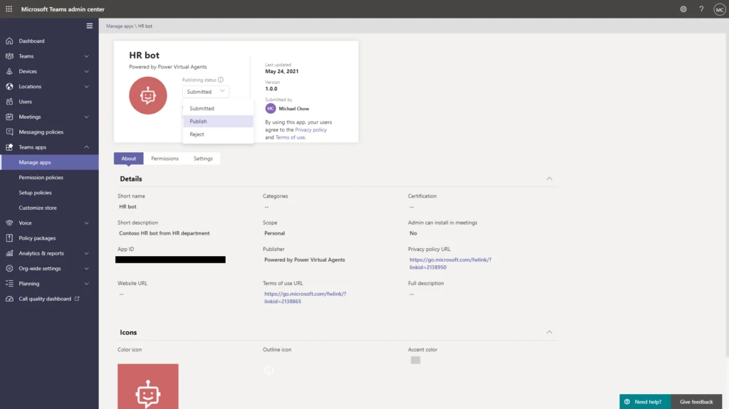 Figure 3 - Admin approve bot in Microsoft Teams Admin Center