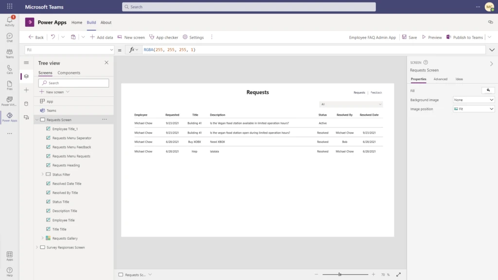 Figure 7 - Customize the Employee FAQ Admin app in PowerApps