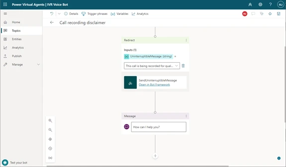 Screenshot of a Power Virtual Agents topic being used with voice for Dynamics 365 Customer Service
