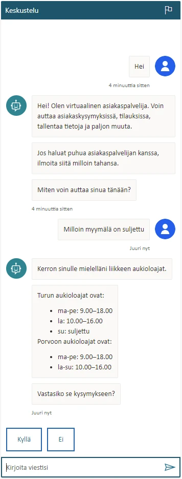 A screenshot of a chat window showing Power Virtual Agents chatbot having a conversation in Finnish.