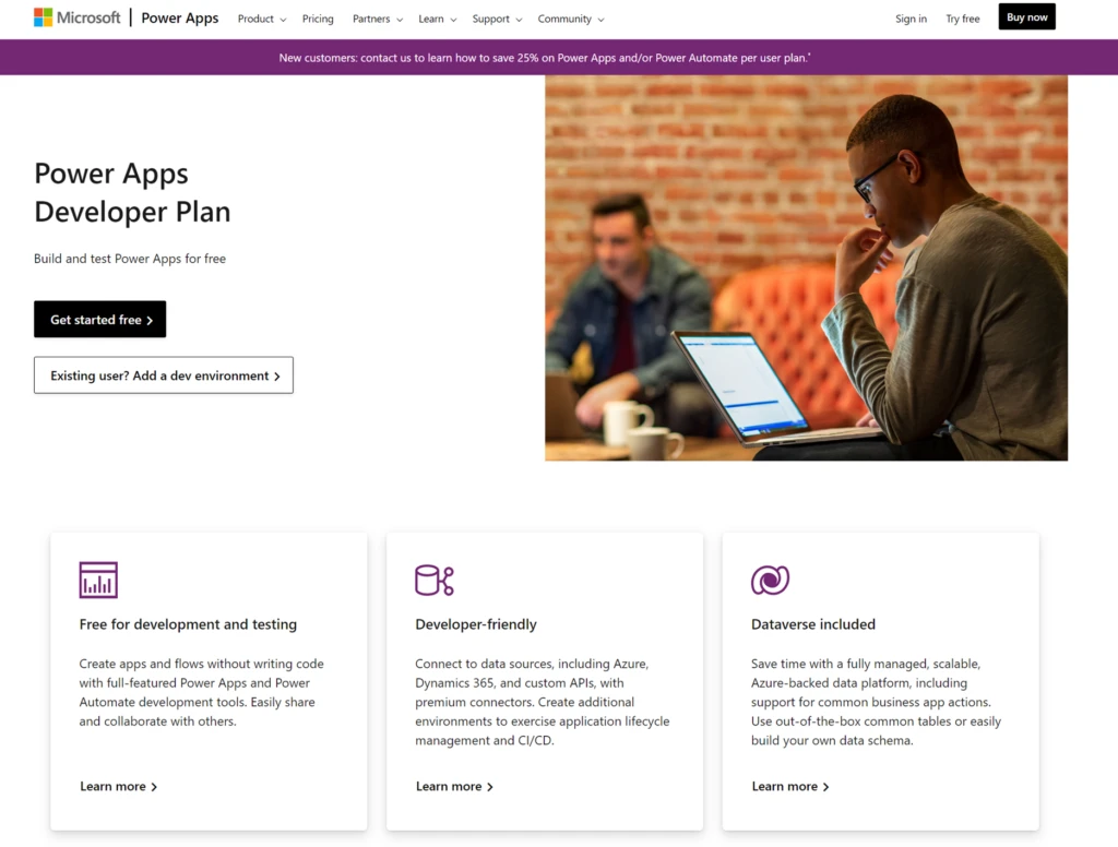 Website of the Power Apps Developer Plan