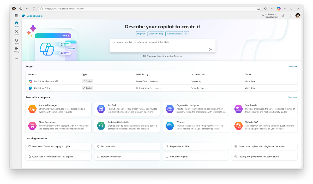 Screenshot of the homepage of Microsoft Copilot Studio