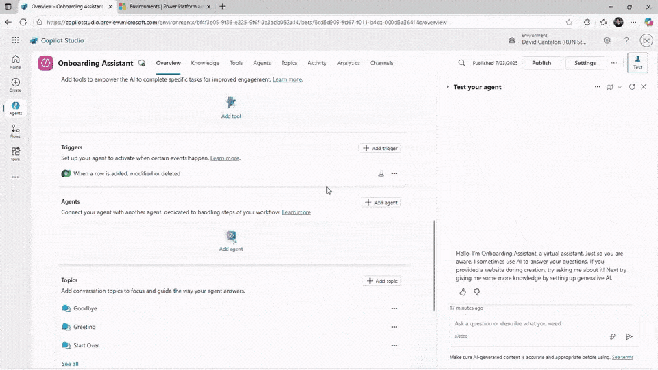 A gif showing how to search for an agent component while creating an agent in Copilot Studio