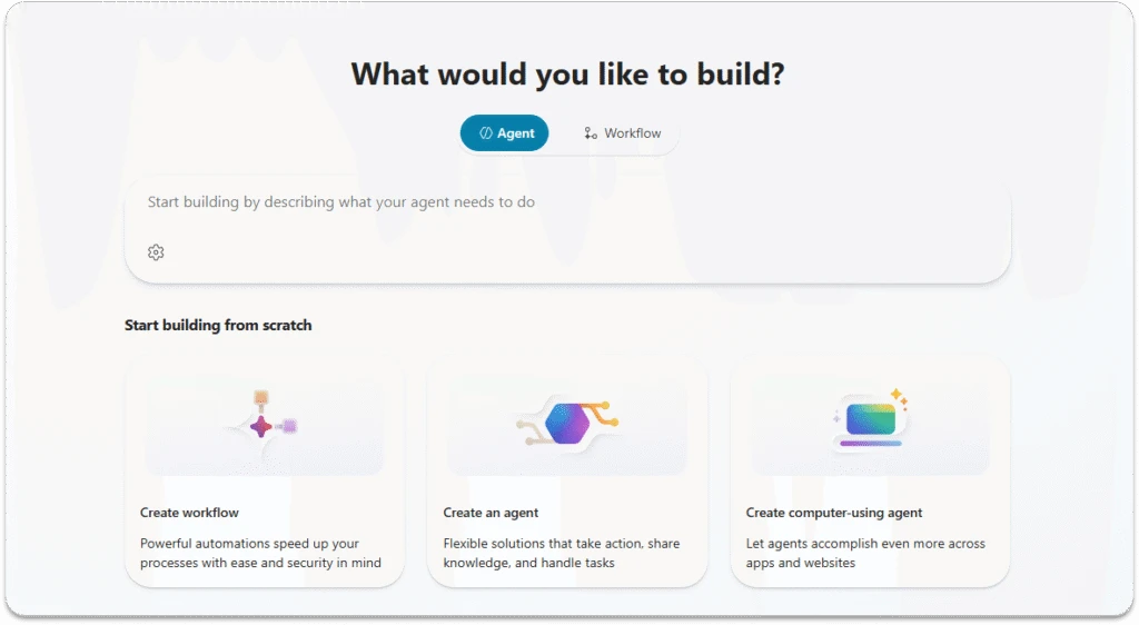 Microsoft Copilot Studio interface showing a prompt field and asking, 'What would you like to build?'