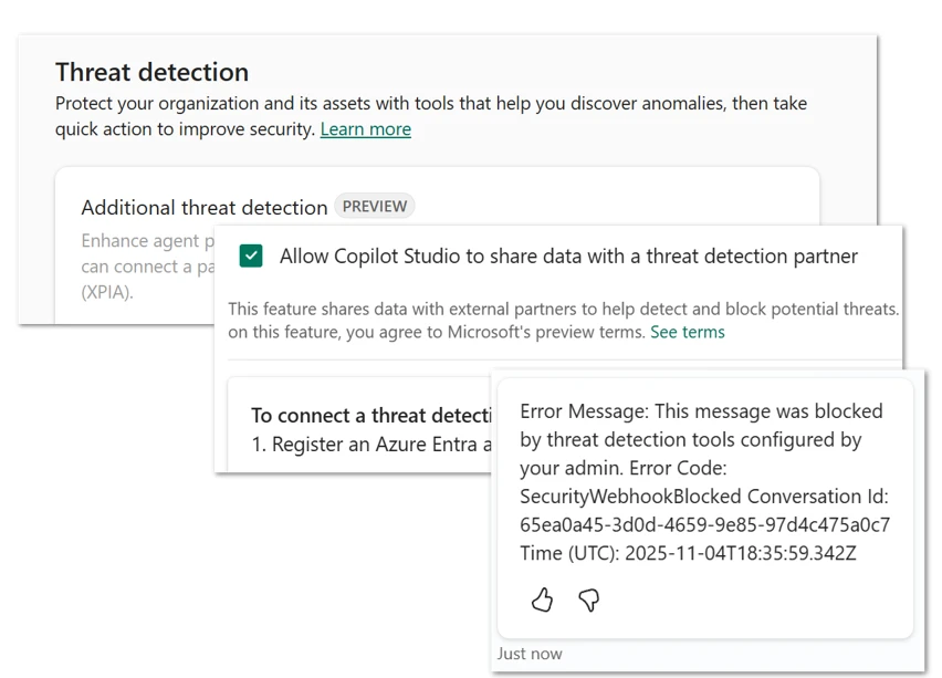 Microsoft Copilot Studio shows threat detection settings with an option to share data with a partner to block threats. An error message indicates a message was blocked by threat detection tools, displaying error code and timestamp.