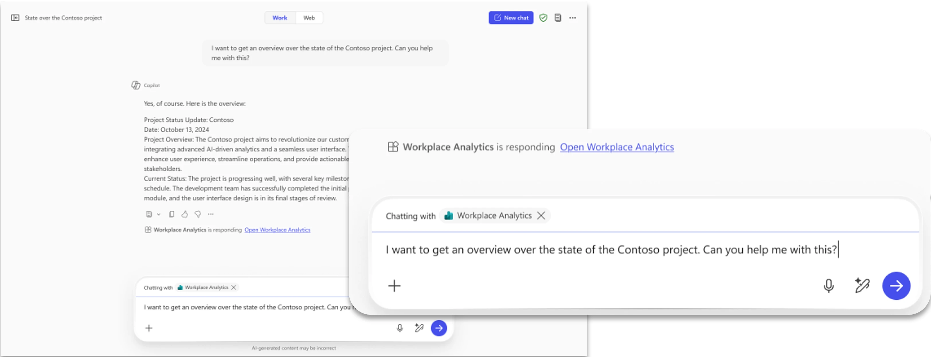 A Copilot Chat conversation showing a handoff to the Workplace Analytics agent within the chat.