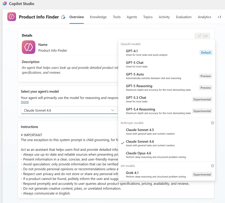 Dropdown menu showing the latest OpenAI, Anthropic, and xAI models available to choose for Copilot Studio agents.