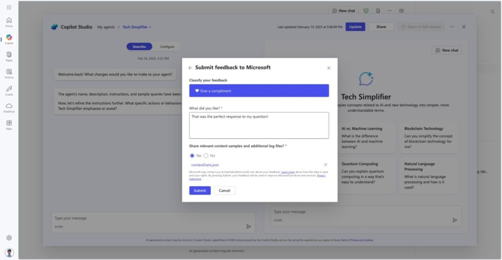 A screenshot of the "Submit feedback to Microsoft" dialog box within the agent builder, showing feedback fields.