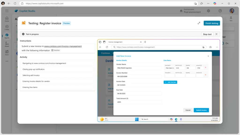 A screenshot of computer use in Copilot Studio in action, adding a new invoice to a dashboard automatically