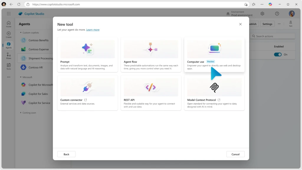 A screenshot of Copilot Studio, now showing an icon for the computer use feature preview