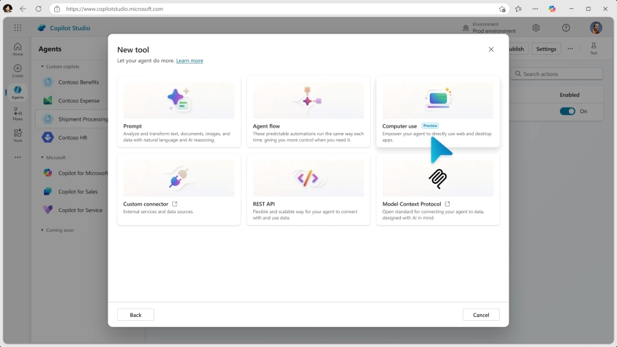 Screenshot of Copilot Studio, now showing a button for computer use