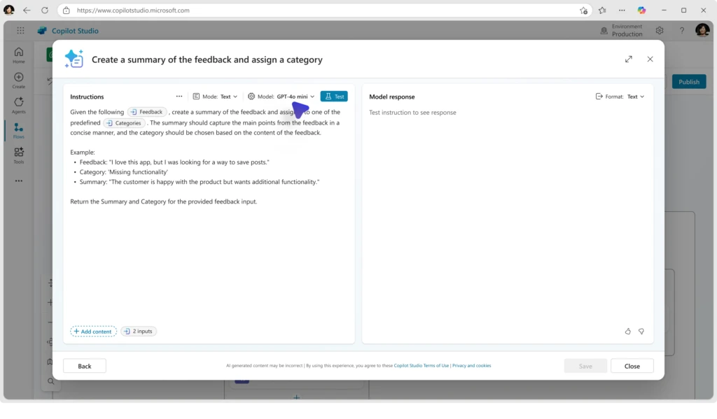 Popup of AI action showing the user adding it to the agent flow