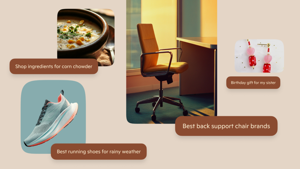 A collage of images showing a chair and table, a bowl of soup, shoes, and earrings.