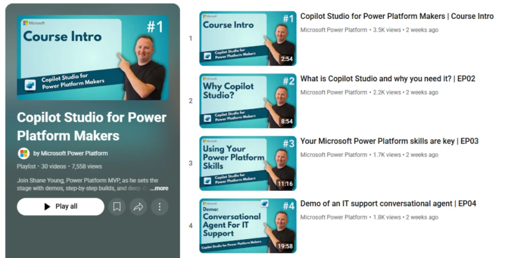 Screenshot of YouTube playlist called “Copilot Studio for Power Platform Makers”