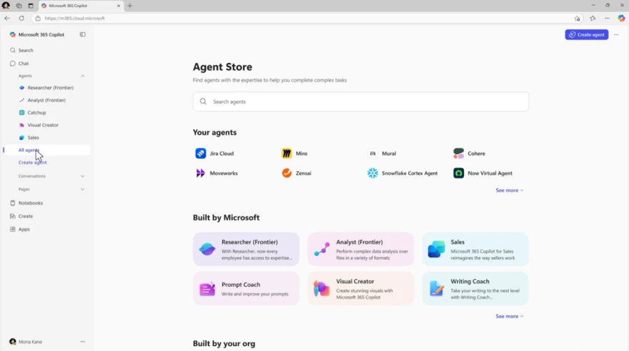 Screenshot of the Agent Store in Copilot Chat, showing a grid of “your agents” and available agents