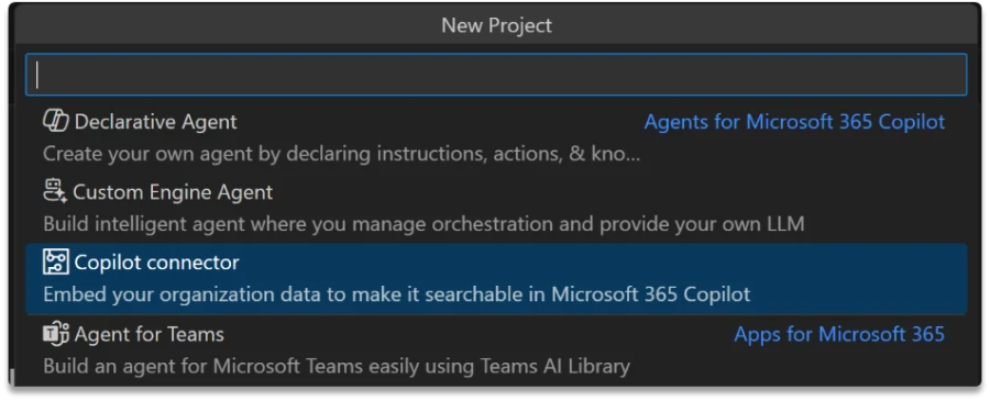 Screenshot of New Project in GitHub with “Copilot connector: Embed your organization data to make it searchable in Microsoft 365 Copilot” option highlighted