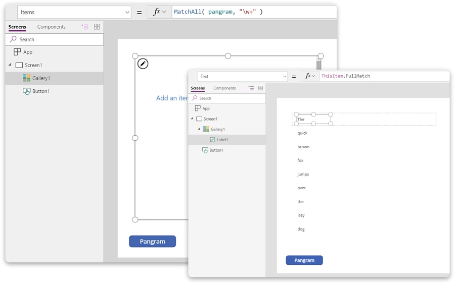 Screenshot of MatchAll regular expression in Power Fx