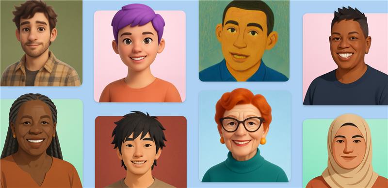 Eight illustrated diverse faces across multicolored boxes.