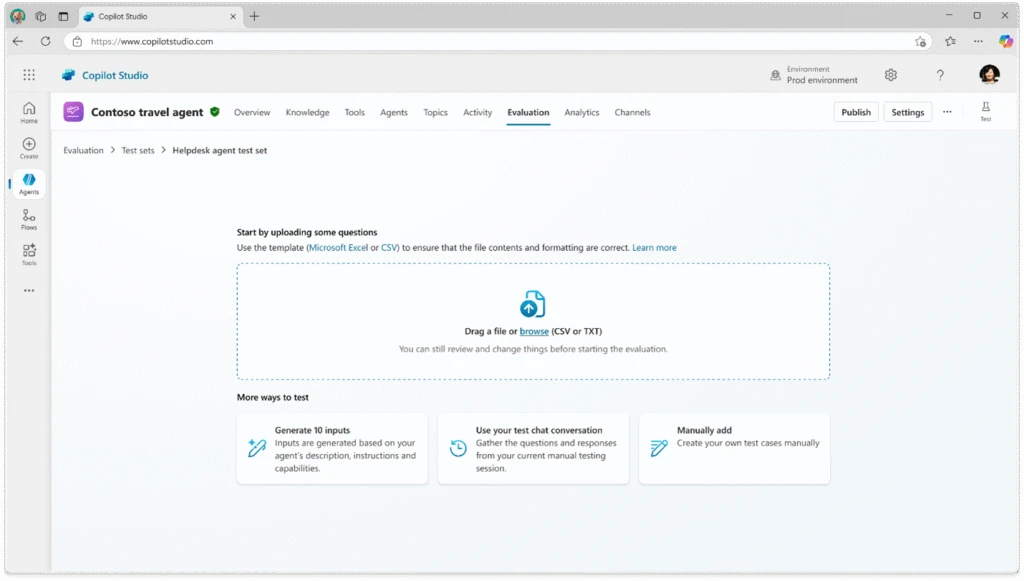 A Helpdesk agent in Copilot Studio, asking the user to start by importing a file