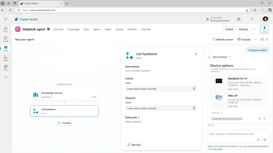 A screenshot of an agent showing the new unified header for the flow and device options.