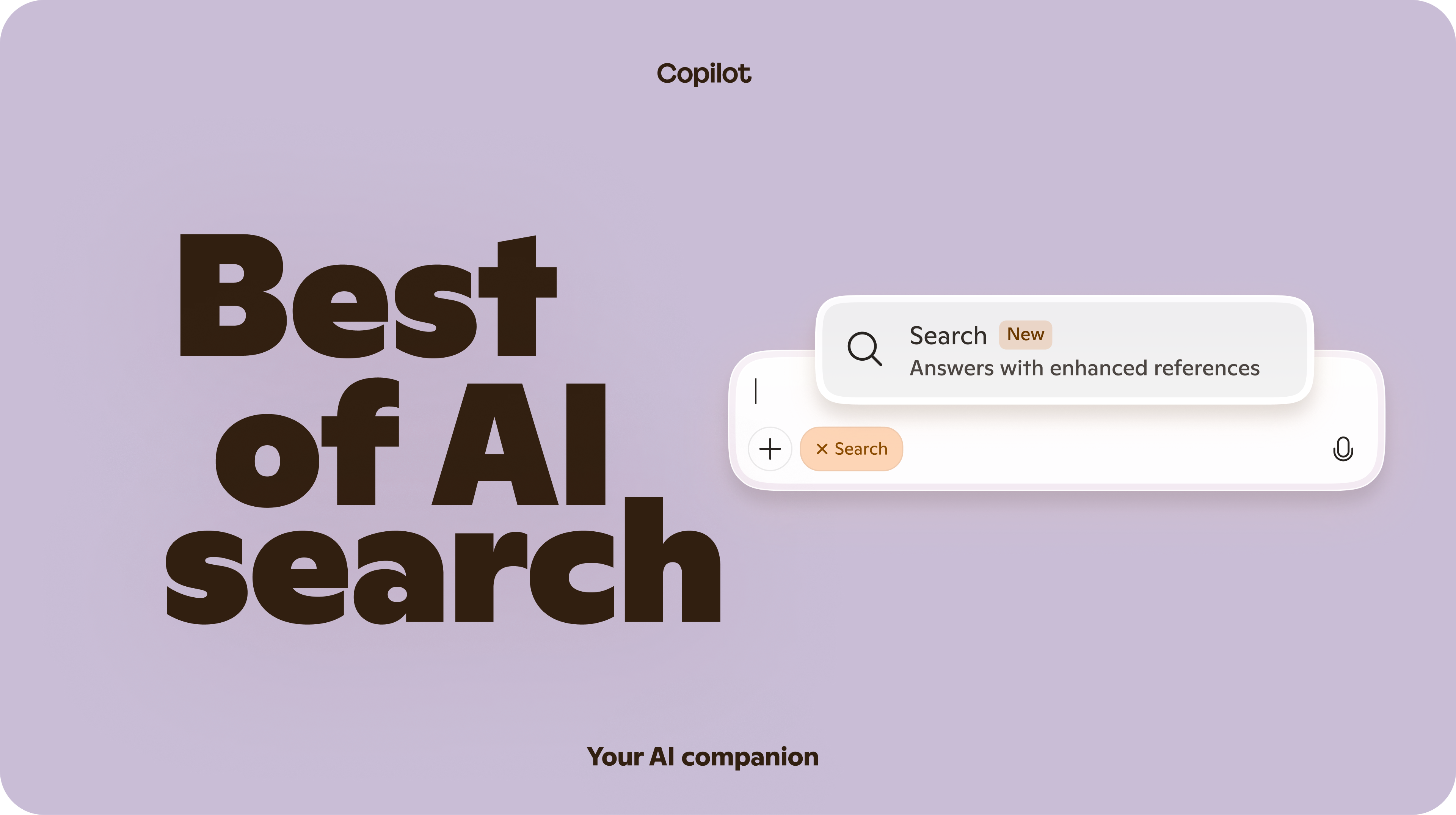 Brown block text that says "Best of AI search" next to two search bar UI examples on a light lavender background.