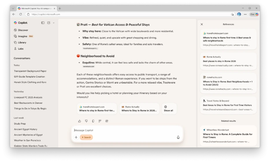 An internet tab window shows interactions with Copilot, outlining the best places to visit in Rome.