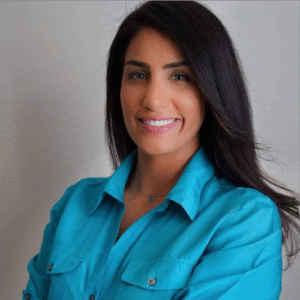 Woman with a blue collared shirt