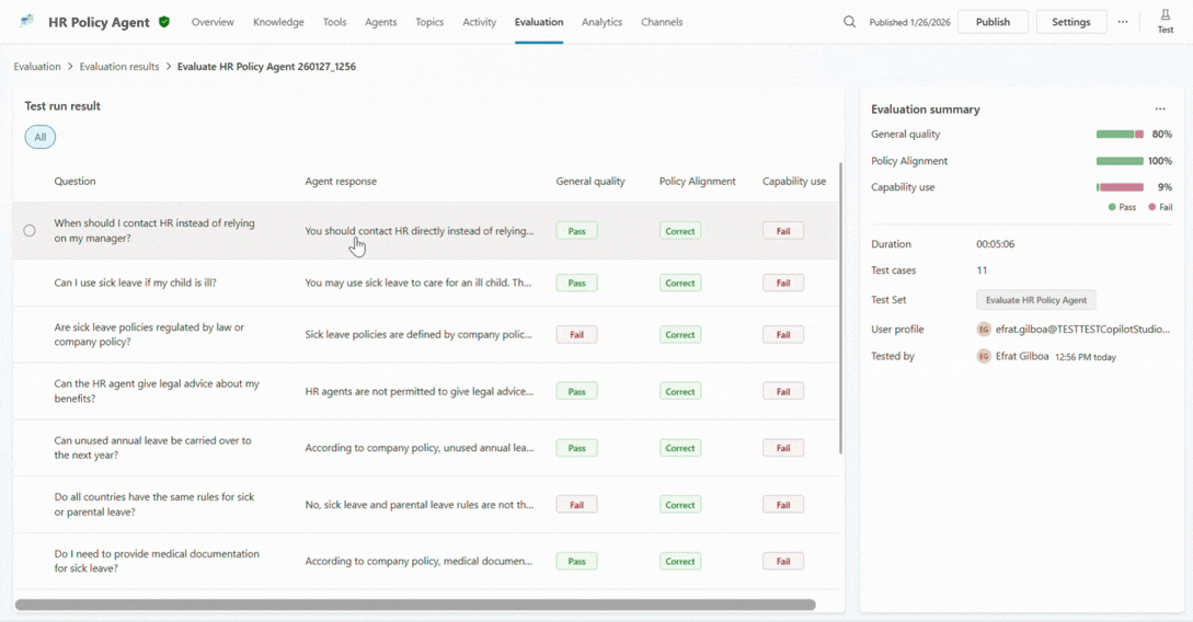 Makers can drill-down into a single use case using Microsoft Copilot Studio's agent evaluations
