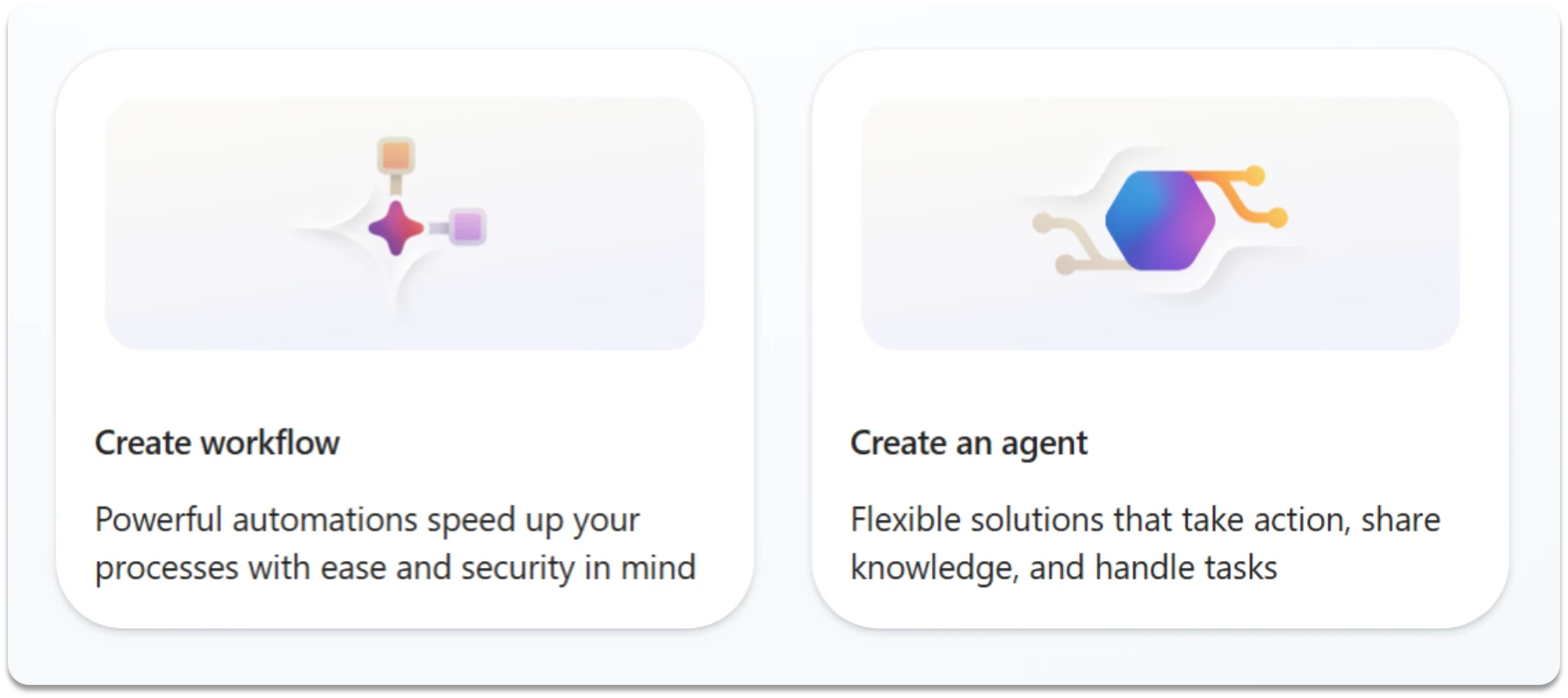 Screenshot of the Copilot Studio homepage, showing options to create a workflow or create an agent