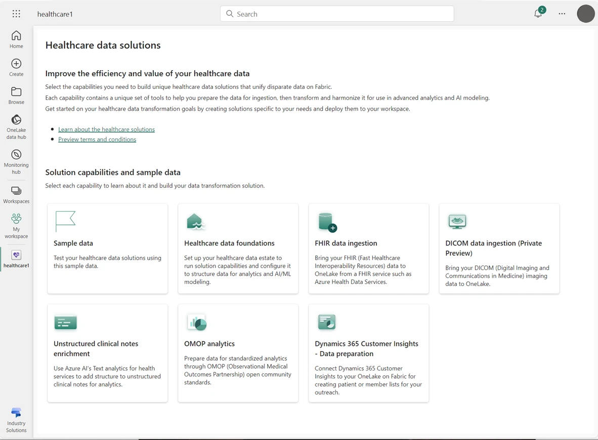 Screenshot of the healthcare data solutions workload in Fabric, showing a sample data and six capabilities than can be deployed in the public preview