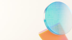 Abstract 3 D shapes, blue circle, orange wedge.