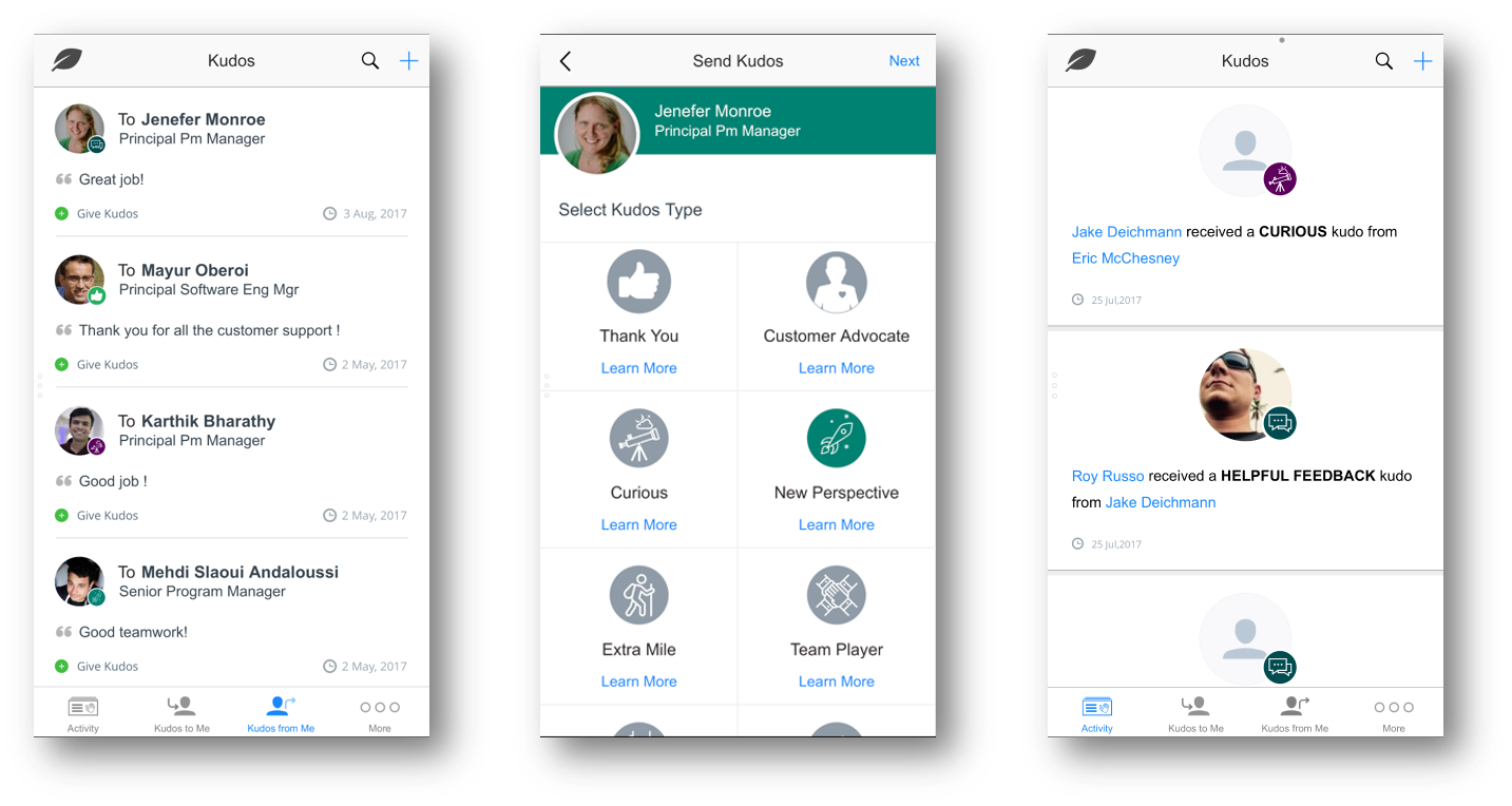Screenshots of Microsoft Thrive Kudos app