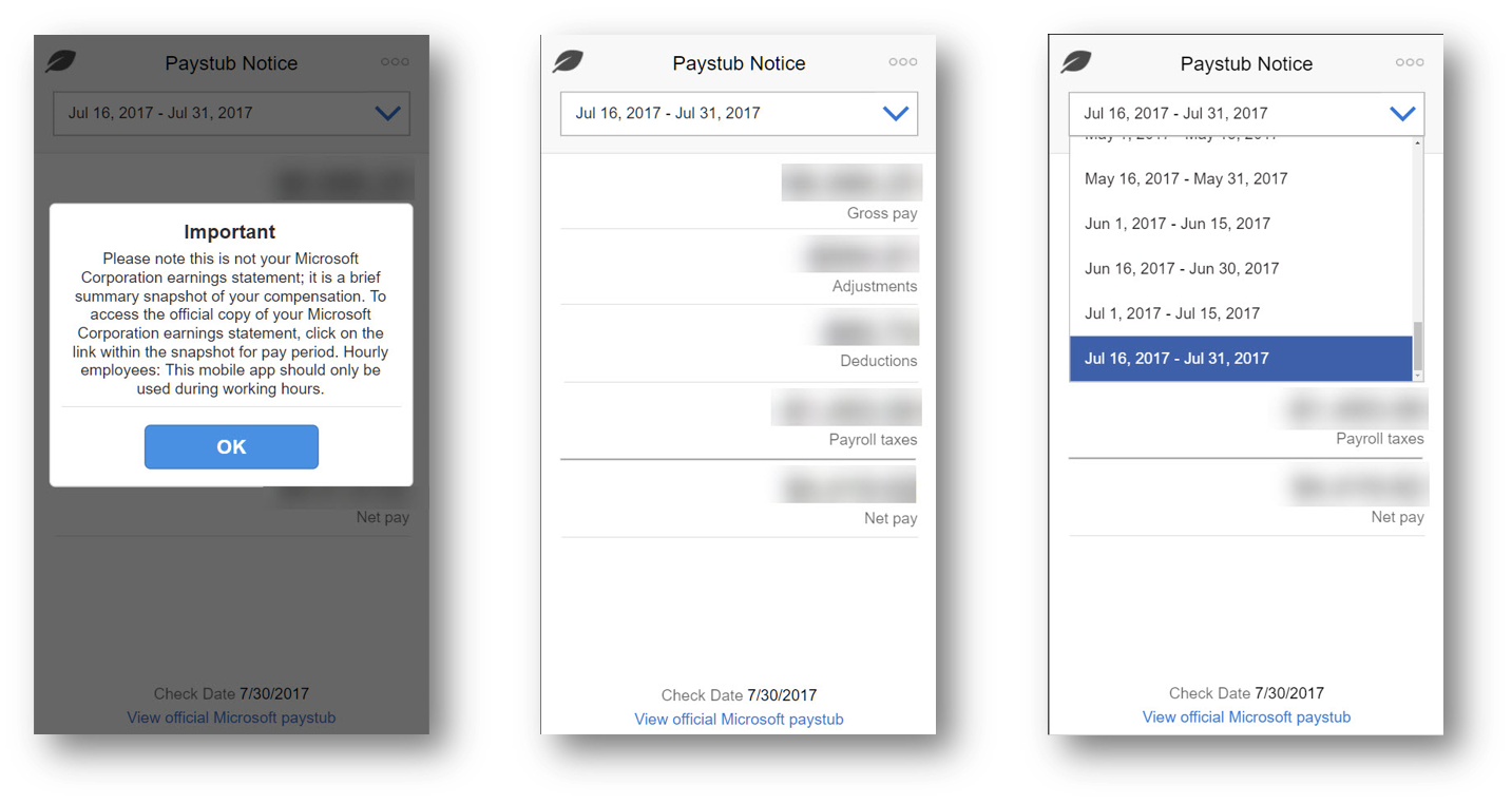Screenshots of Microsoft Thrive Paystub app