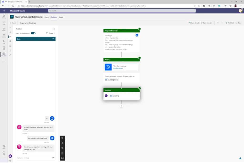 The maker experience for the T-Mobile digital assistant bot inside Teams.