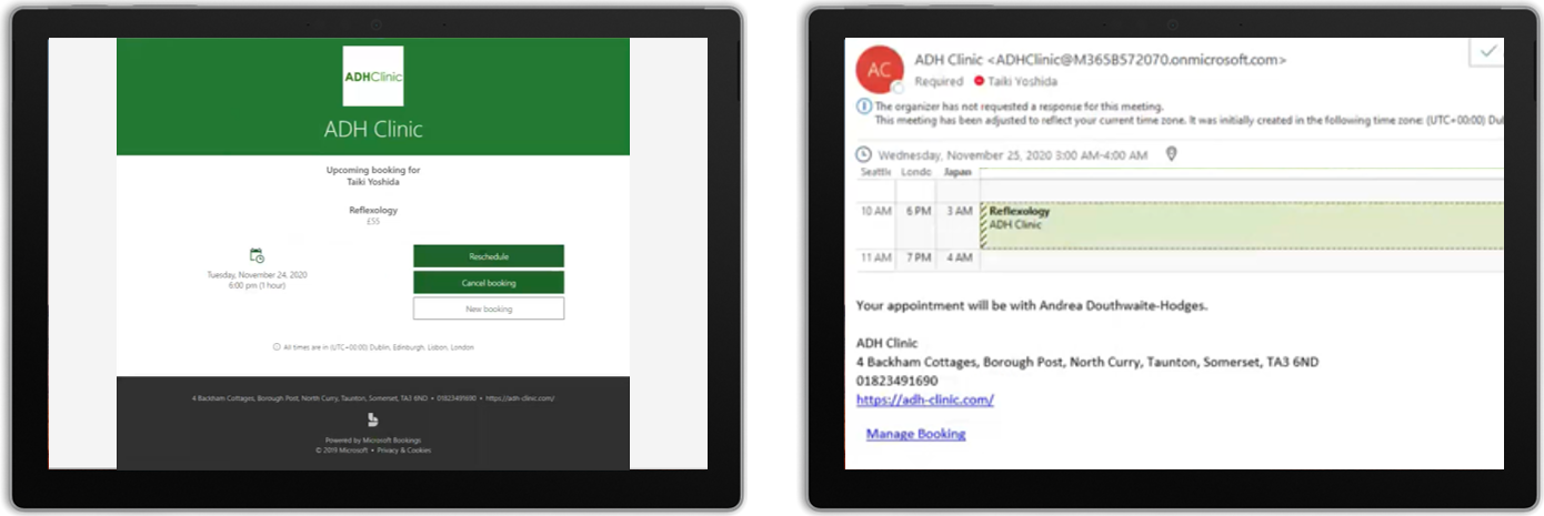 Screenshots of confirmation email and Microsoft Bookings screen to manage appointments
