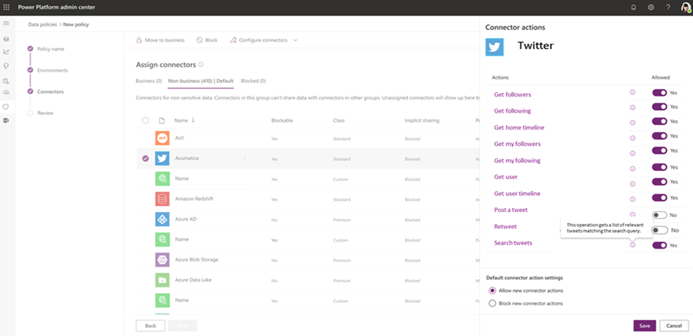 Assign connector policies for data loss prevention depicting Twitter policies blocking data upload but allowing for metrics. 
