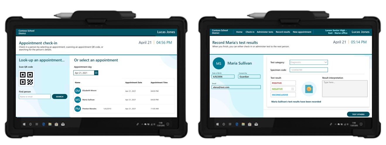 Test administrators, such as school nurses or health system partners, have a single integrated experience to check-in students and teachers with test appointments, record test results, and notify the persons tested.