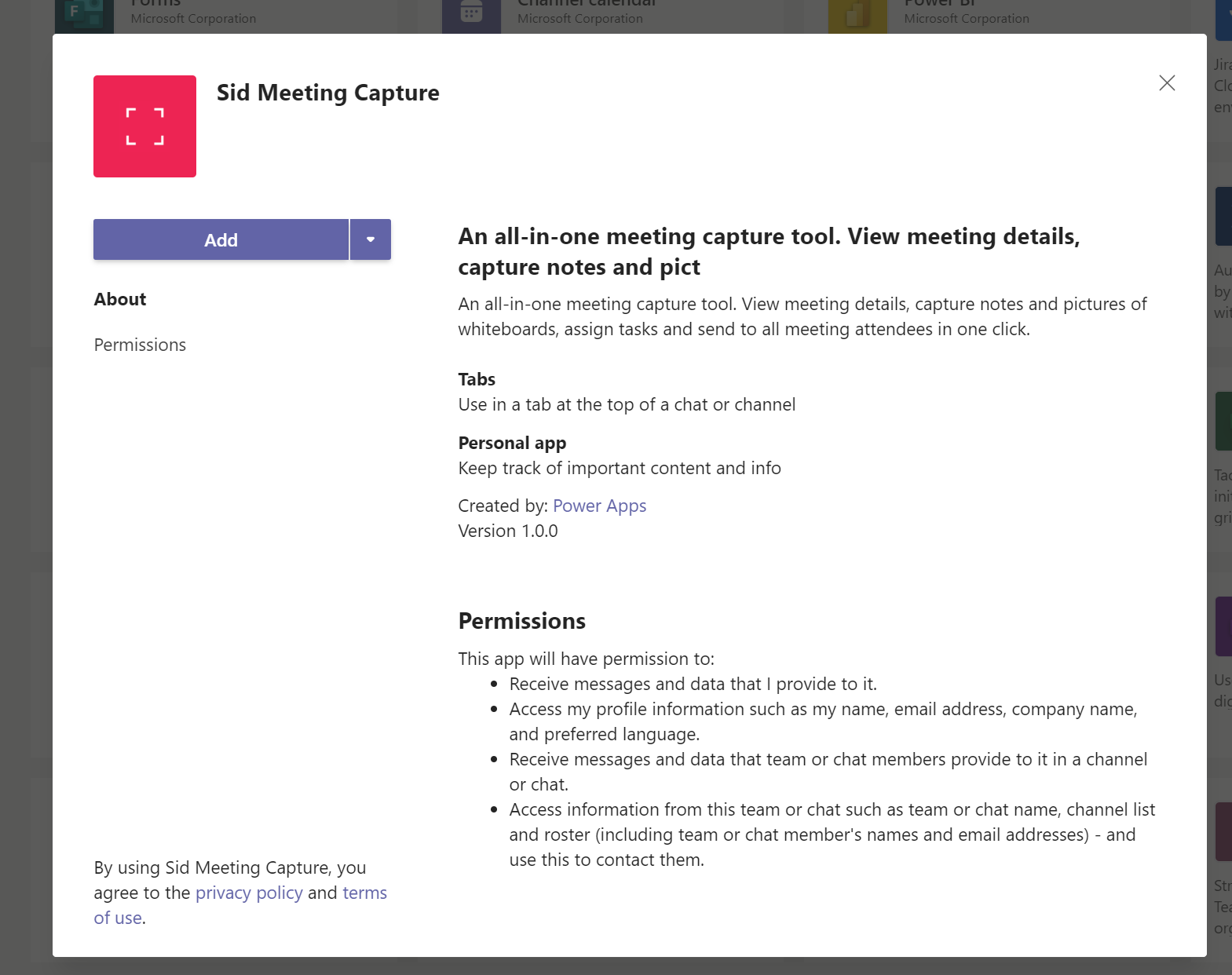 App installation dialog in Teams