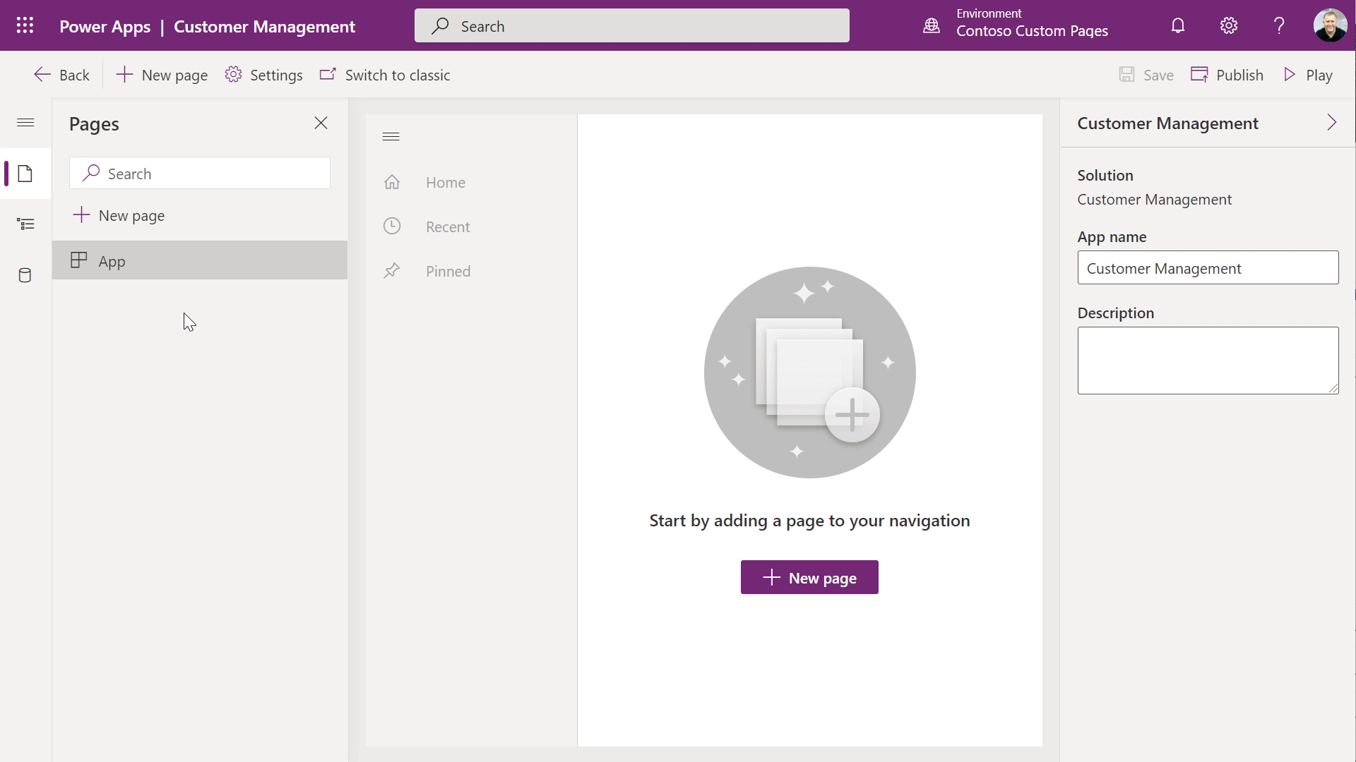Power Apps app designer adding new custom page