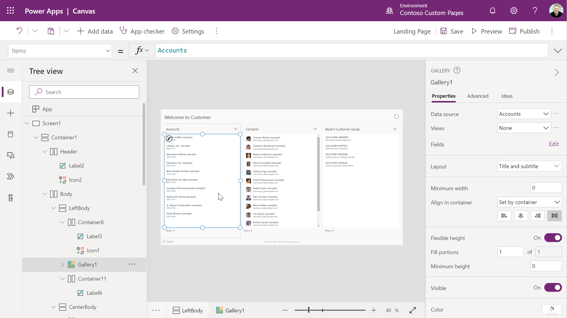 Canvas designer authoring custom page with responsive layout