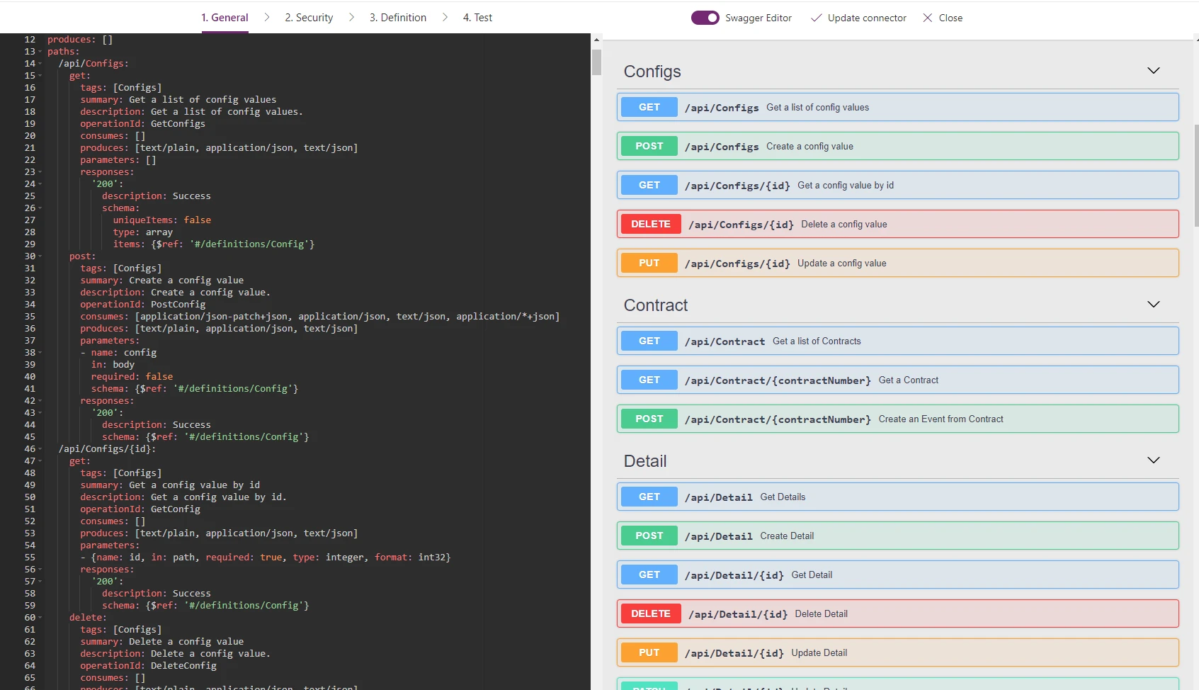 Screenshot of Swagger definition for custom connector