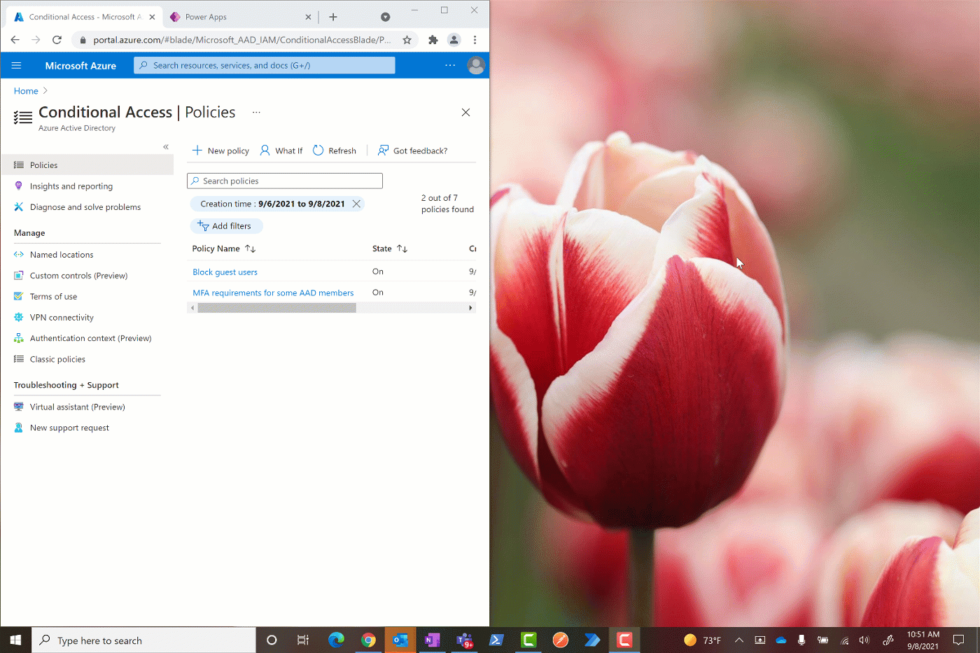 Conditional access policy being applied to an app and then showing the app being restricted