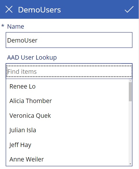 Screenshot of a Power App displaying the AAD User Dropdown Contents