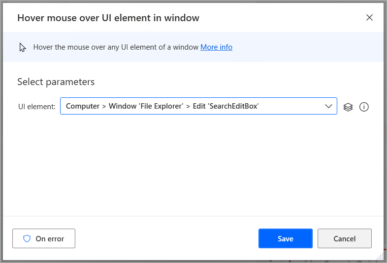 Hover mouse over UI element in window action