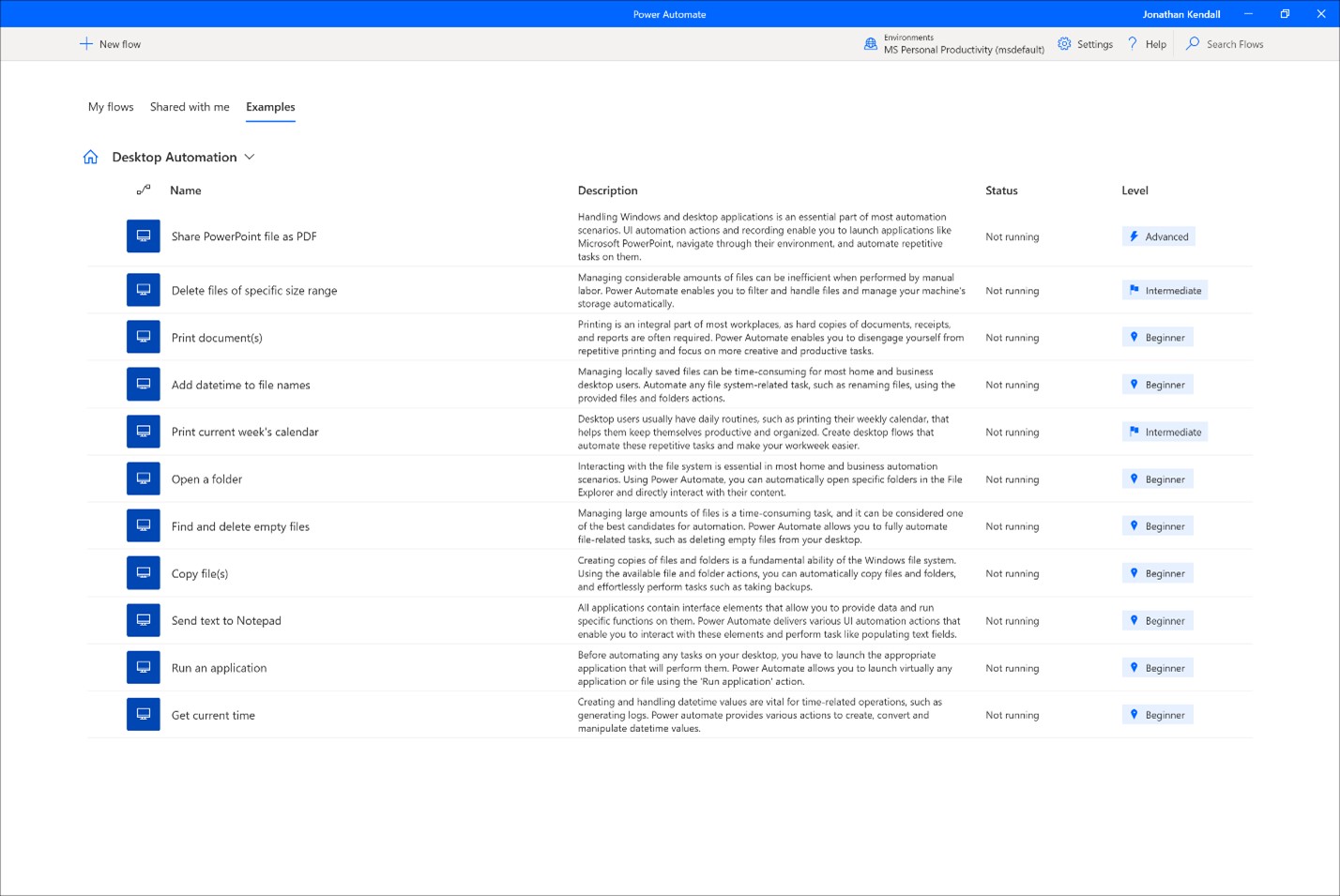 Power Automate for desktop Examples screen showing a list of Desktop Automation flows.