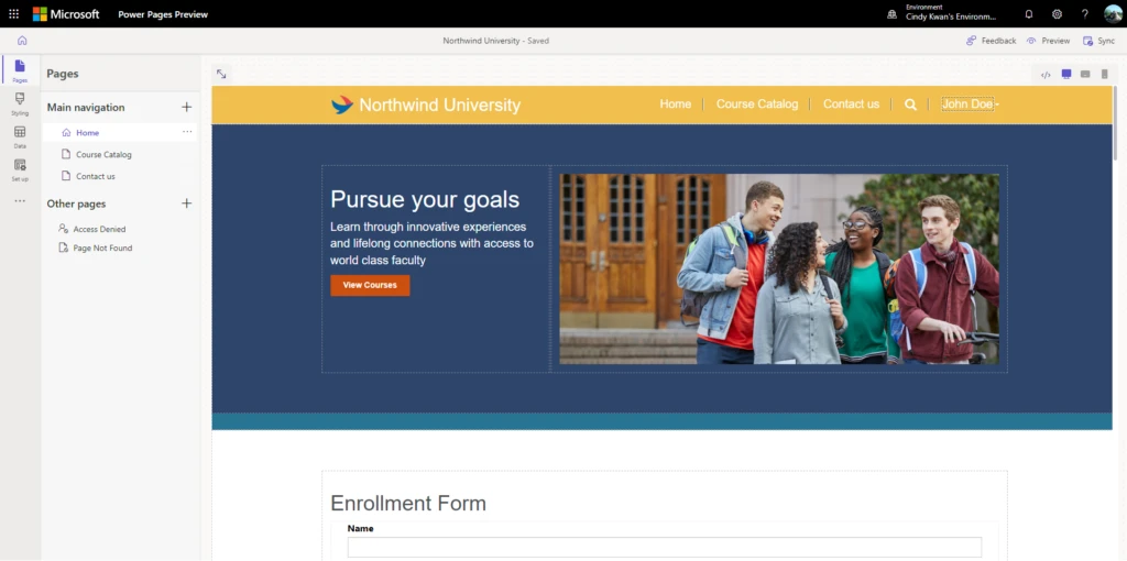 Pages workspace showing editing of a page