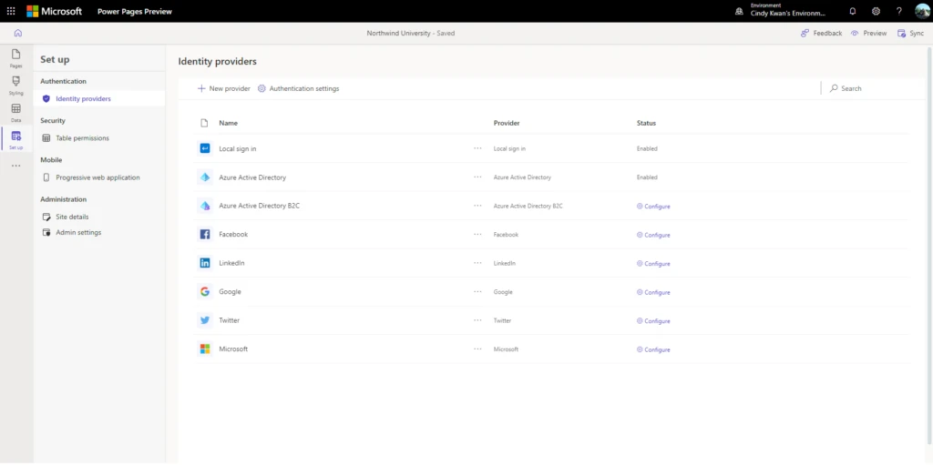 Set up workspace showing the different authentication providers.