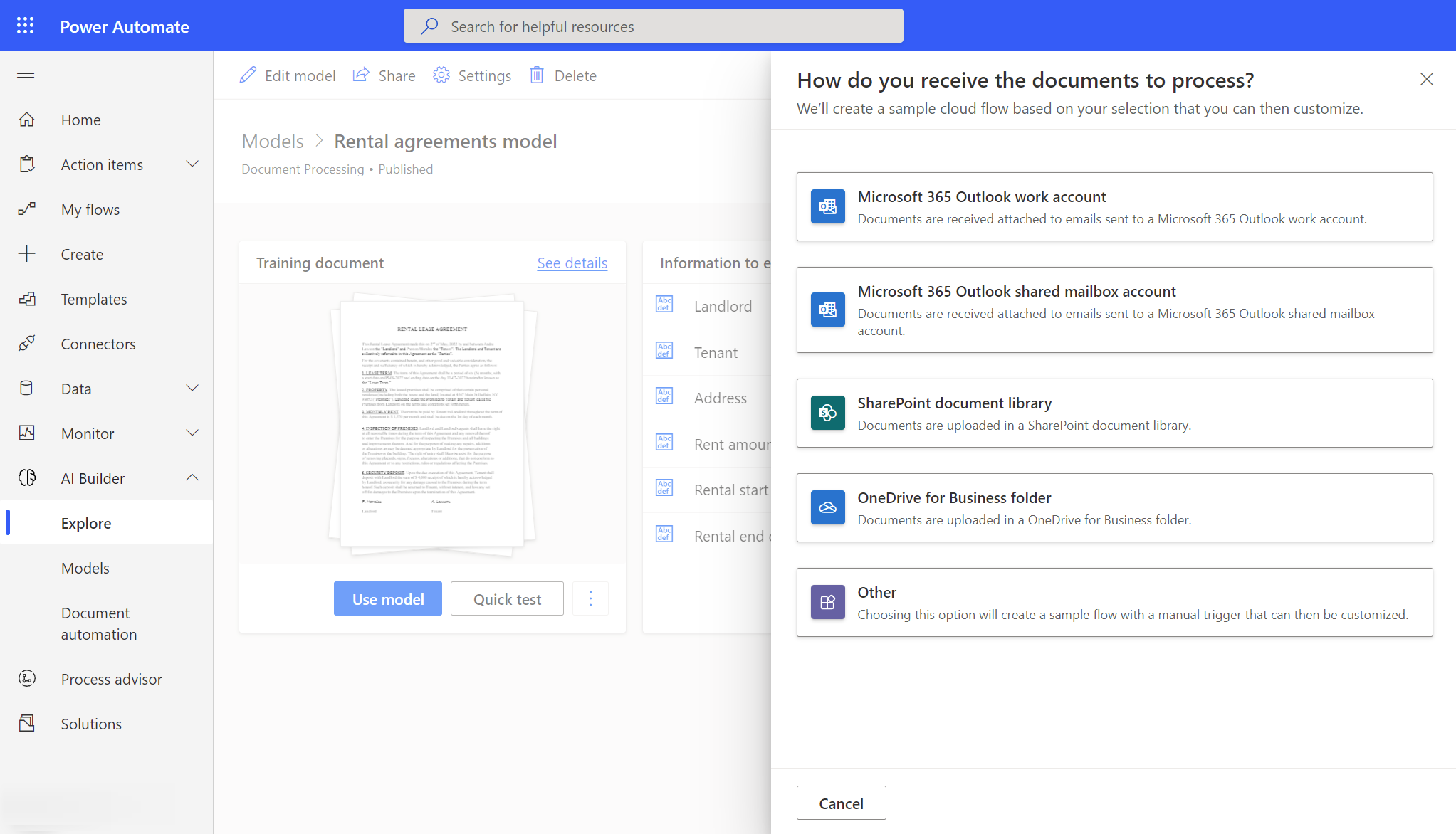Screenshot of an AI Builder document processing model ready to use in a cloud flow automation