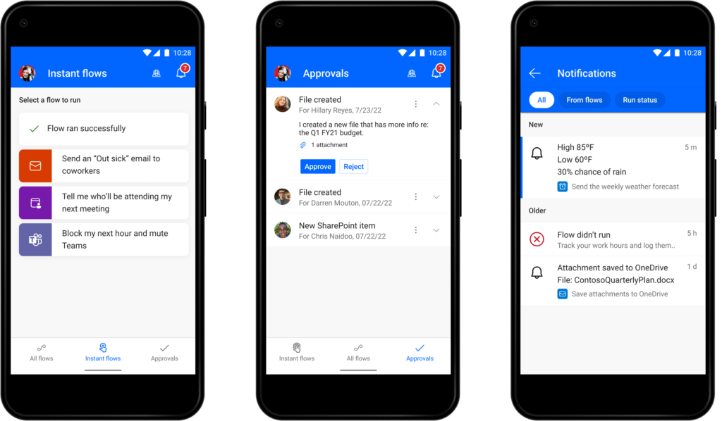 Screenshots of mobile app instant flows, approvals, and notifications