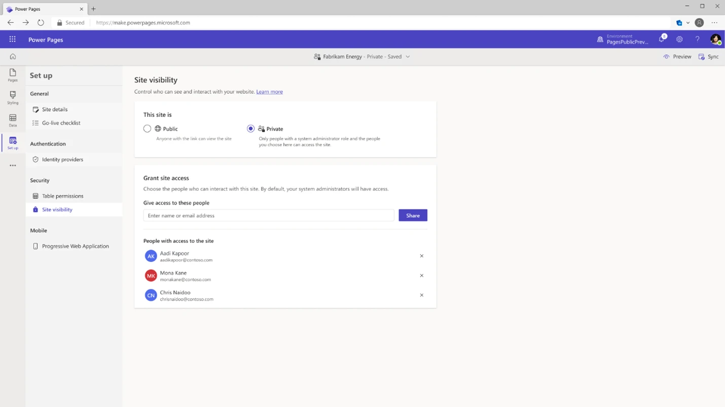 This in-product screenshot shows how to set up site visibility with Power Pages to control who can see and interact with the website.
